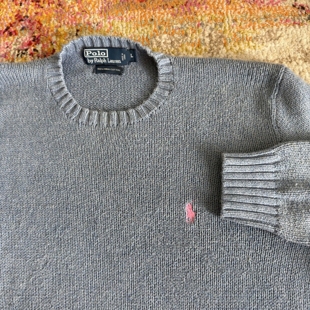 Vintage Polo Ralph Lauren Crewneck Mens L Blue Pima Cotton Pink Pony